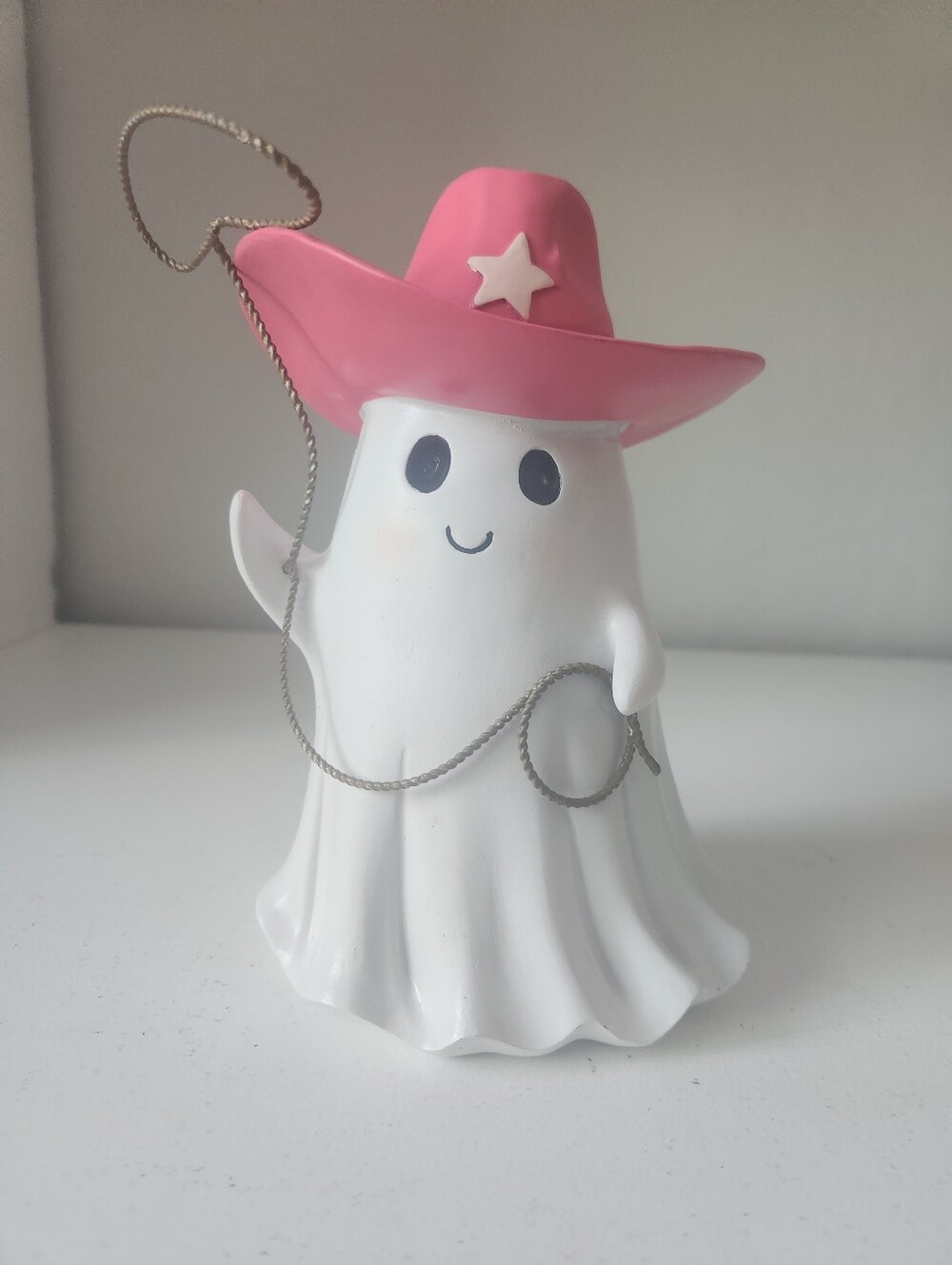 Cute Western Ghost Figurine with Pink Cowboy Hat And Lasso